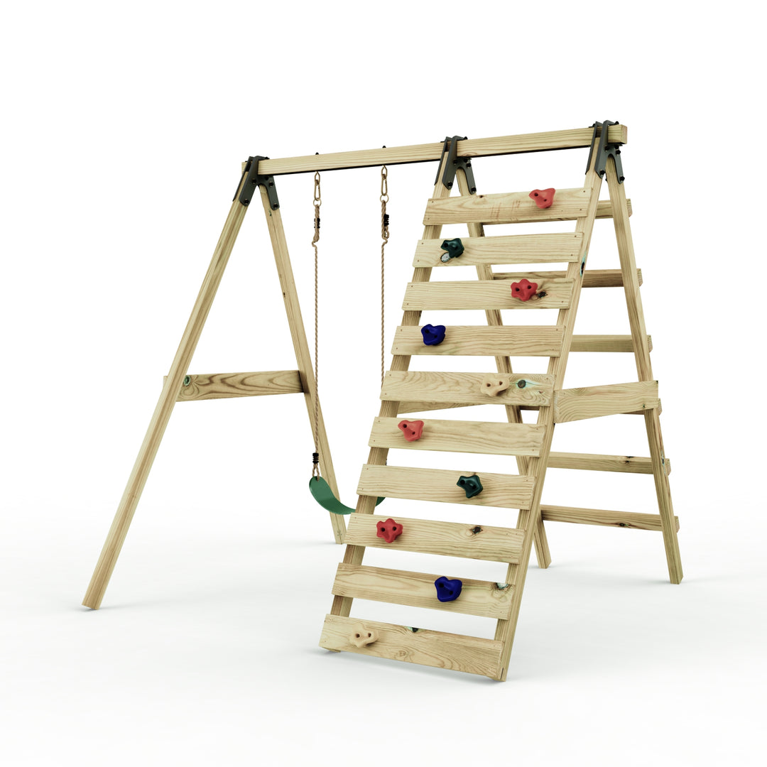 Rebo Glide Wooden Single Swing Sets with Climbing Wall and Swing Seat – Lavender