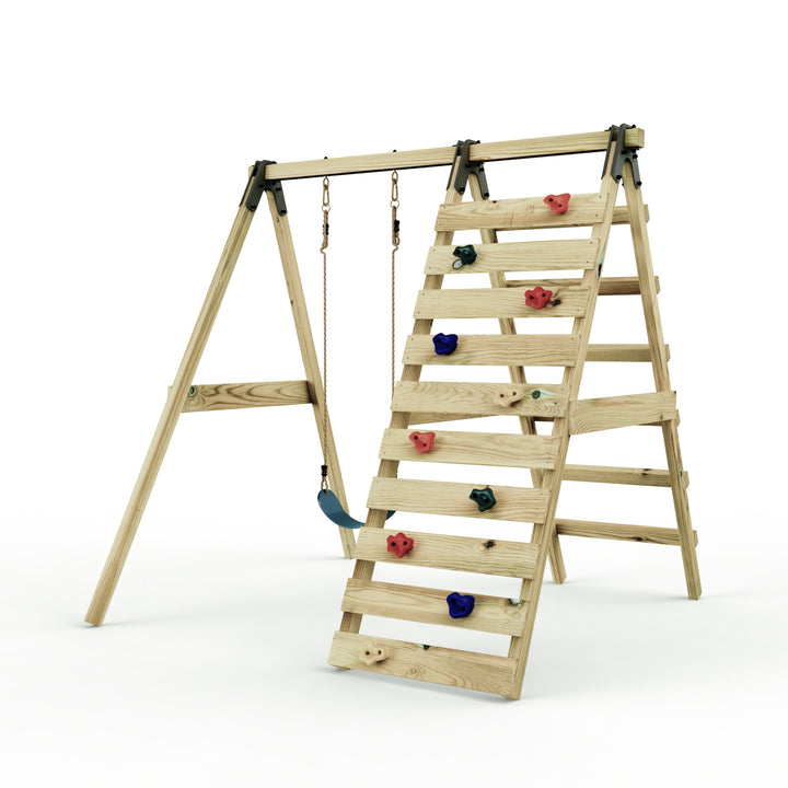 Rebo Glide Wooden Single Swing Sets with Climbing Wall and Swing Seat – Lavender