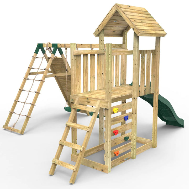 Rebo Wooden Climbing Frame with Swings and Slide Greenhorn